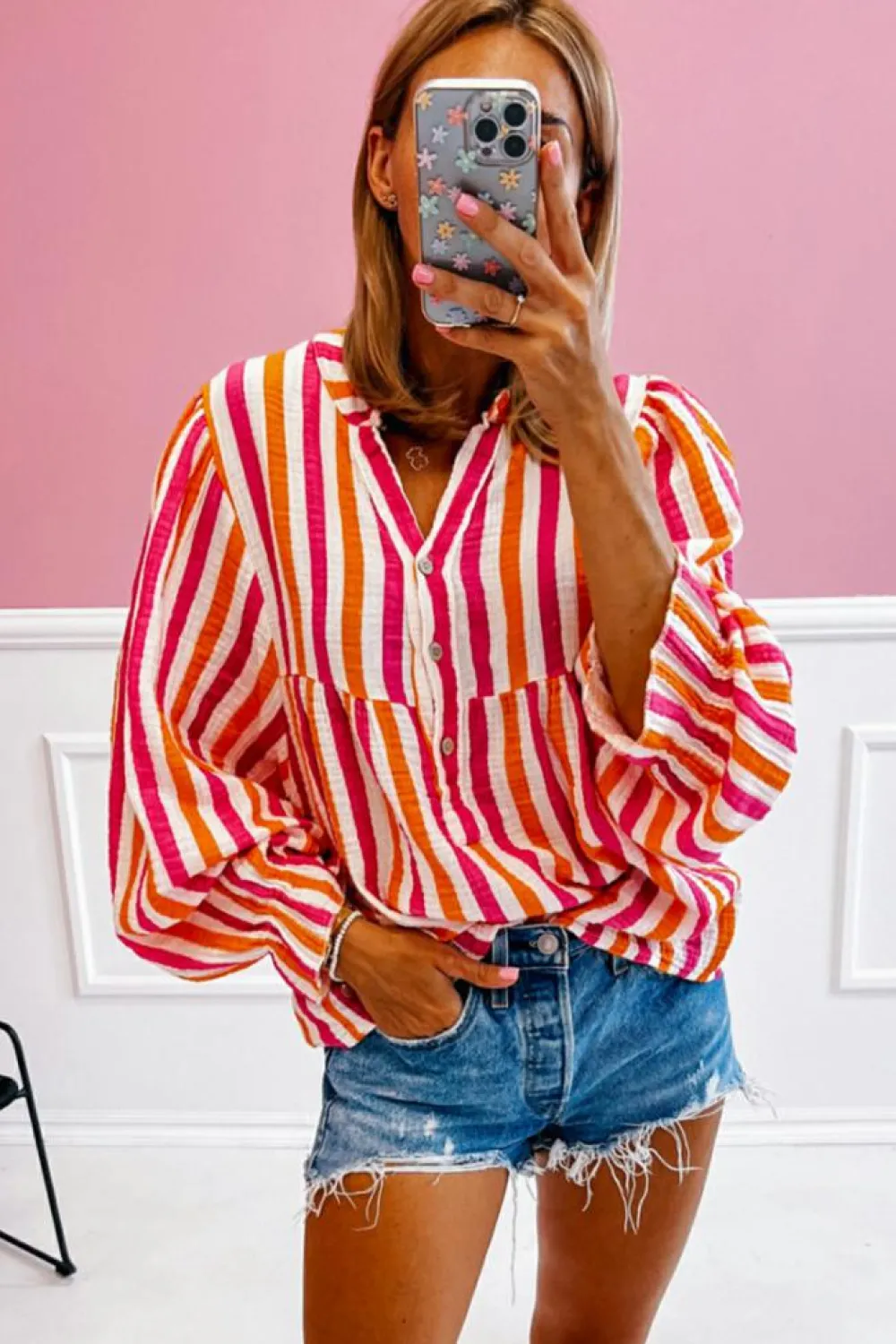 New Dear-Lover Balloon Sleeve Notched V Neck Buttoned Front Blouse Orange Stripe