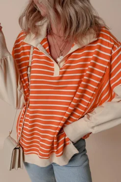 Online Dear-Lover Color Block Loose Fit Collared Drop Shoulder Sweatshirt Orange Stripe