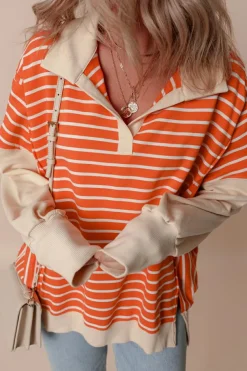 Online Dear-Lover Color Block Loose Fit Collared Drop Shoulder Sweatshirt Orange Stripe