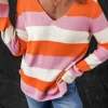 Best Dear-Lover Colorblock V Neck Casual Sweater Orange Stripe