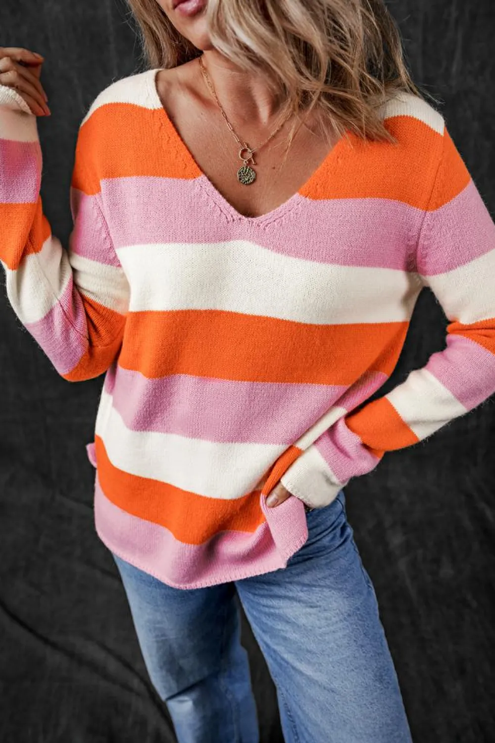 Best Dear-Lover Colorblock V Neck Casual Sweater Orange Stripe