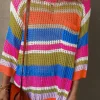 Clearance Dear-Lover Colorblock Hollowed Crochet 3/4 Sleeve Sweater Orange Stripe