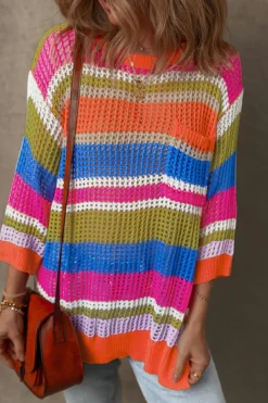 Clearance Dear-Lover Colorblock Hollowed Crochet 3/4 Sleeve Sweater Orange Stripe