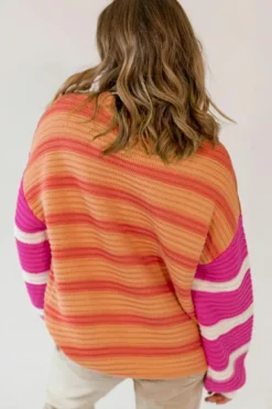 New Dear-Lover Colorblock Crew Neck Drop Shoulder Loose Sweater Orange Stripe