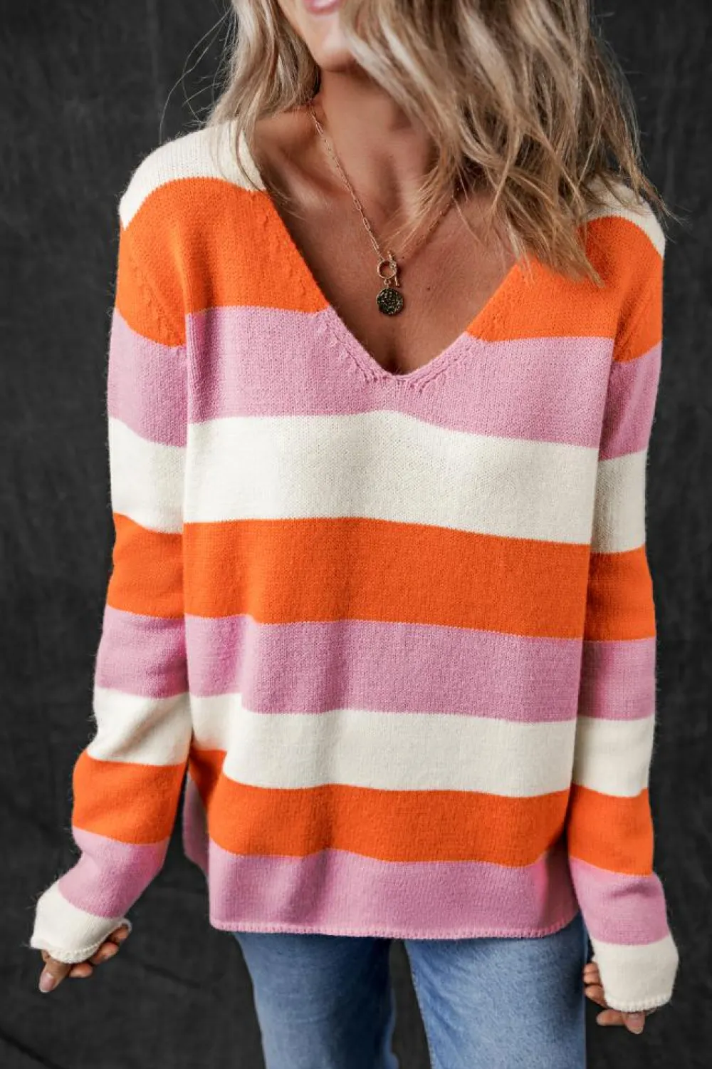 Best Dear-Lover Colorblock V Neck Casual Sweater Orange Stripe