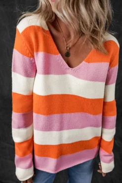 Best Dear-Lover Colorblock V Neck Casual Sweater Orange Stripe