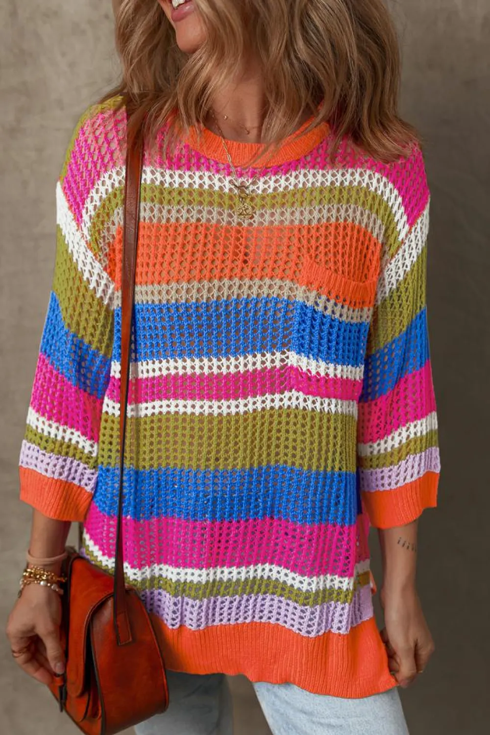 Clearance Dear-Lover Colorblock Hollowed Crochet 3/4 Sleeve Sweater Orange Stripe