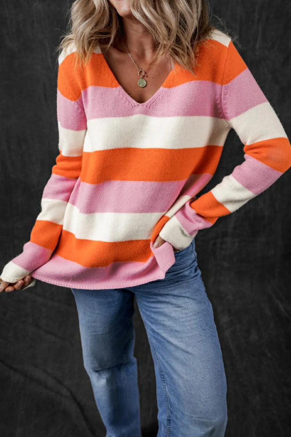 Best Dear-Lover Colorblock V Neck Casual Sweater Orange Stripe