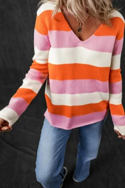Best Dear-Lover Colorblock V Neck Casual Sweater Orange Stripe