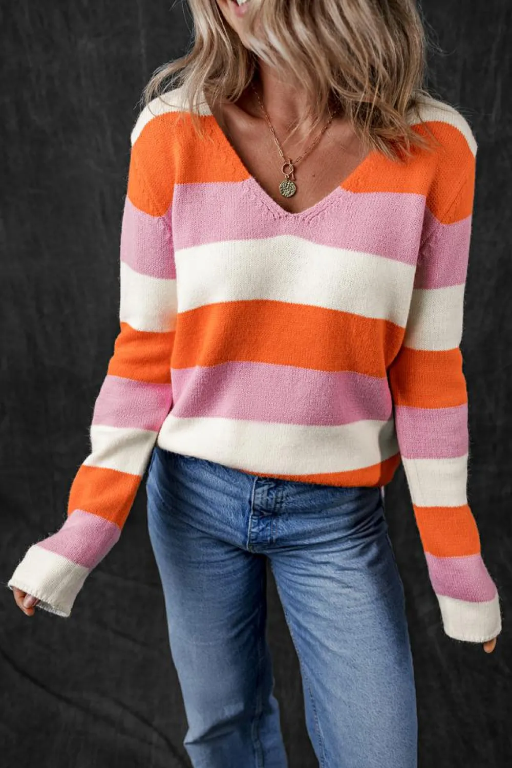 Best Dear-Lover Colorblock V Neck Casual Sweater Orange Stripe