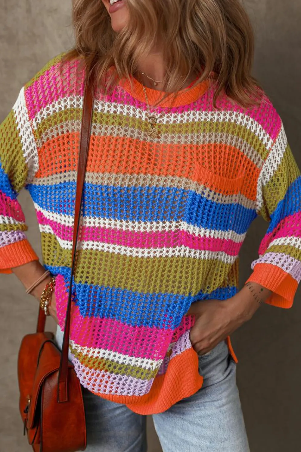 Clearance Dear-Lover Colorblock Hollowed Crochet 3/4 Sleeve Sweater Orange Stripe