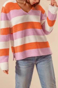 Best Dear-Lover Colorblock V Neck Casual Sweater Orange Stripe