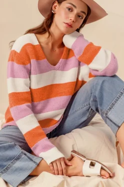 Best Dear-Lover Colorblock V Neck Casual Sweater Orange Stripe