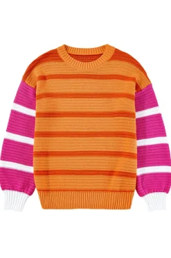 New Dear-Lover Colorblock Crew Neck Drop Shoulder Loose Sweater Orange Stripe