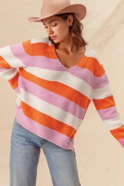 Best Dear-Lover Colorblock V Neck Casual Sweater Orange Stripe