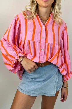 Clearance Dear-Lover Crinckled Ruffled Sleeve Button up Loose Shirt Orange Stripe