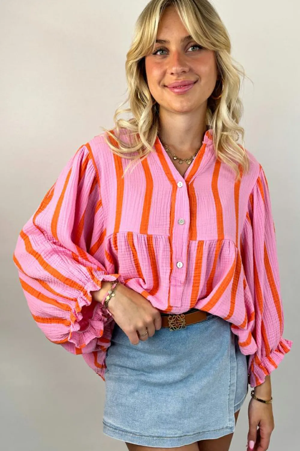 Clearance Dear-Lover Crinckled Ruffled Sleeve Button up Loose Shirt Orange Stripe