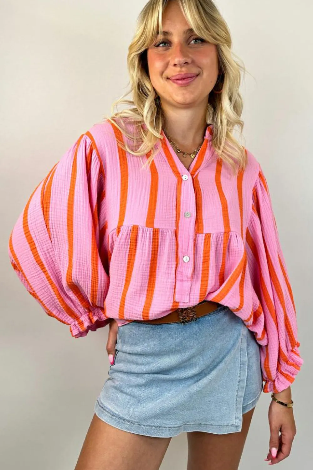 Clearance Dear-Lover Crinckled Ruffled Sleeve Button up Loose Shirt Orange Stripe
