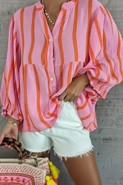 Clearance Dear-Lover Crinckled Ruffled Sleeve Button up Loose Shirt Orange Stripe