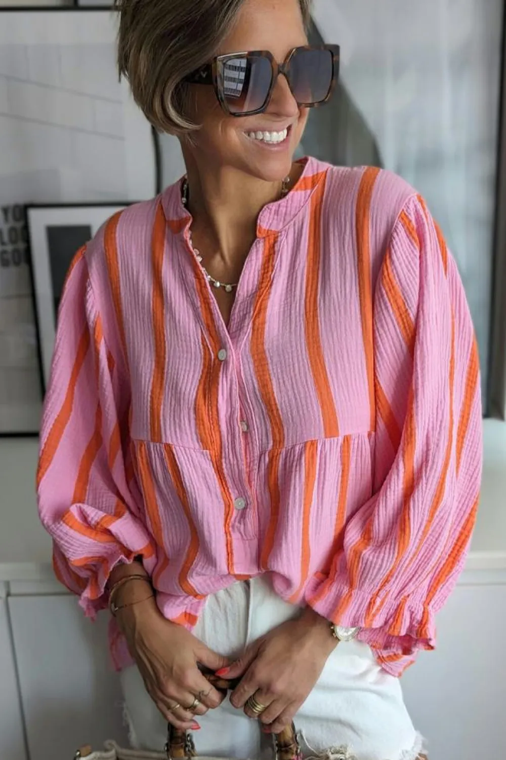 Clearance Dear-Lover Crinckled Ruffled Sleeve Button up Loose Shirt Orange Stripe