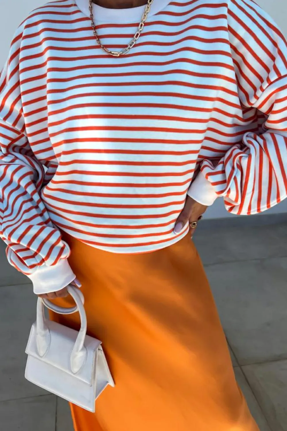 Discount Dear-Lover Drop Shoulder Crew Neck Loose Sweatshirt Orange Stripe
