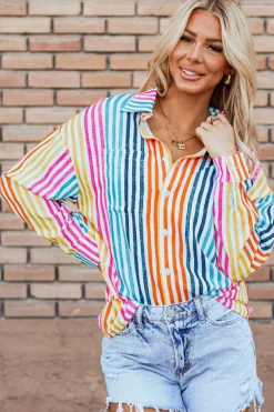 Hot Dear-Lover Multicolor Drop Shoulder Loose Shirt Orange Stripe