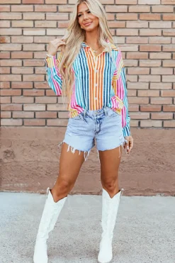 Hot Dear-Lover Multicolor Drop Shoulder Loose Shirt Orange Stripe