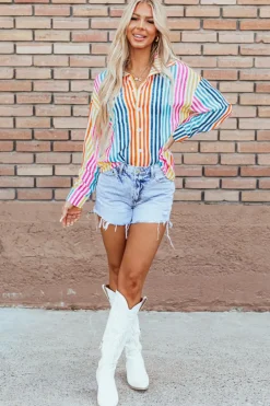 Hot Dear-Lover Multicolor Drop Shoulder Loose Shirt Orange Stripe