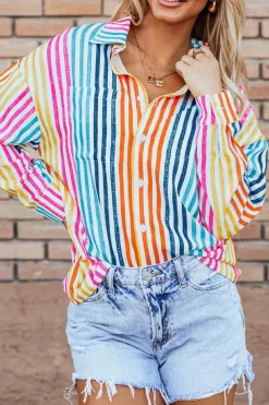 Hot Dear-Lover Multicolor Drop Shoulder Loose Shirt Orange Stripe