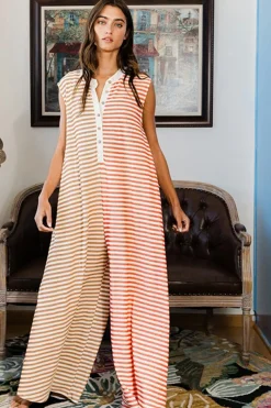 Sale Dear-Lover Oversized Buttoned Front Sleeveless Wide Leg Jumpsuit Orange Stripe