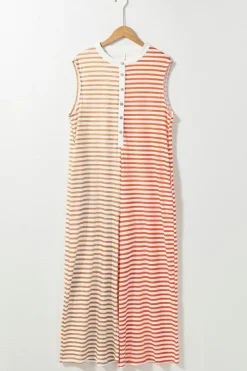 Sale Dear-Lover Oversized Buttoned Front Sleeveless Wide Leg Jumpsuit Orange Stripe