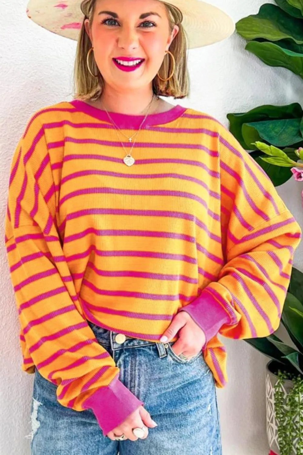 Fashion Dear-Lover Trimmed Round Neck Drop Shoulder Loose Sweater Orange Stripe