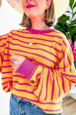 Fashion Dear-Lover Trimmed Round Neck Drop Shoulder Loose Sweater Orange Stripe