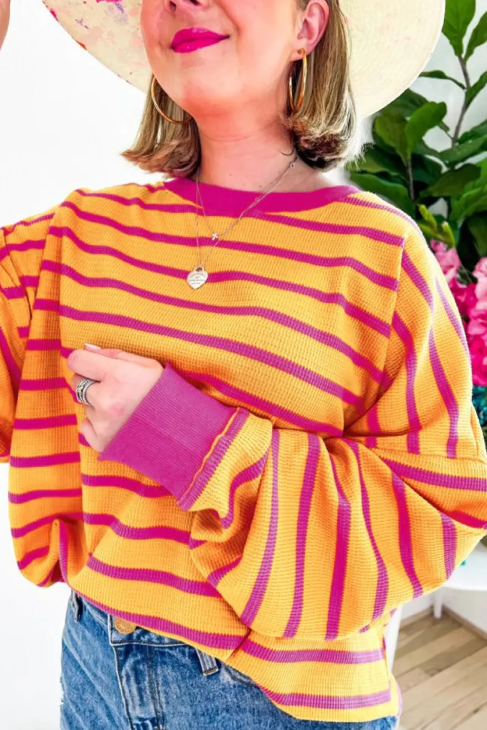 Fashion Dear-Lover Trimmed Round Neck Drop Shoulder Loose Sweater Orange Stripe