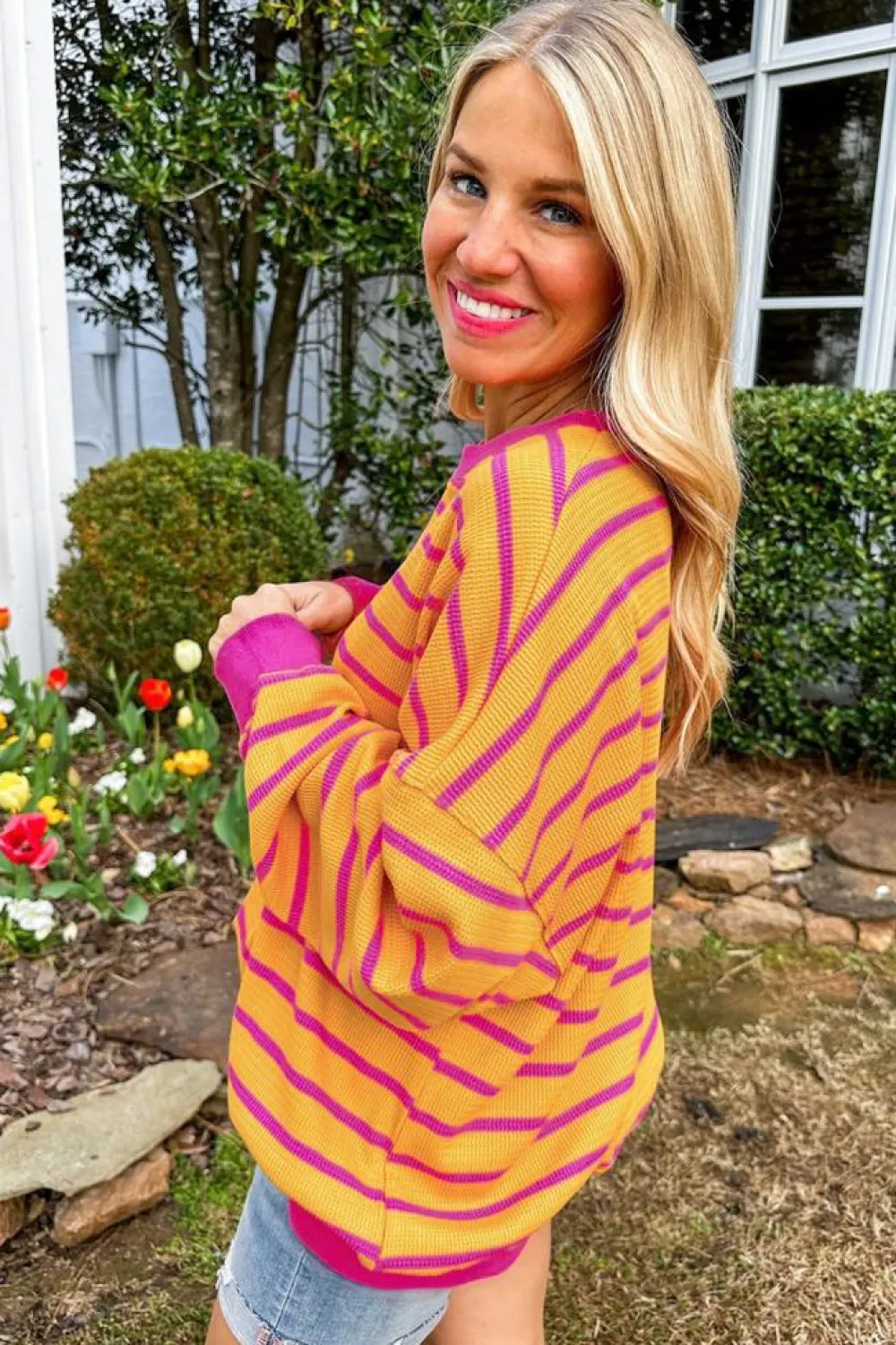 Fashion Dear-Lover Trimmed Round Neck Drop Shoulder Loose Sweater Orange Stripe