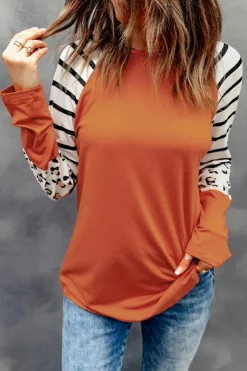 Hot Dear-Lover Striped Animal Print Colorblock Long Sleeve Top Orange