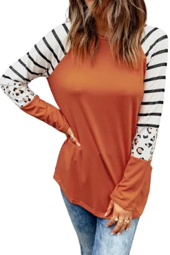 Hot Dear-Lover Striped Animal Print Colorblock Long Sleeve Top Orange