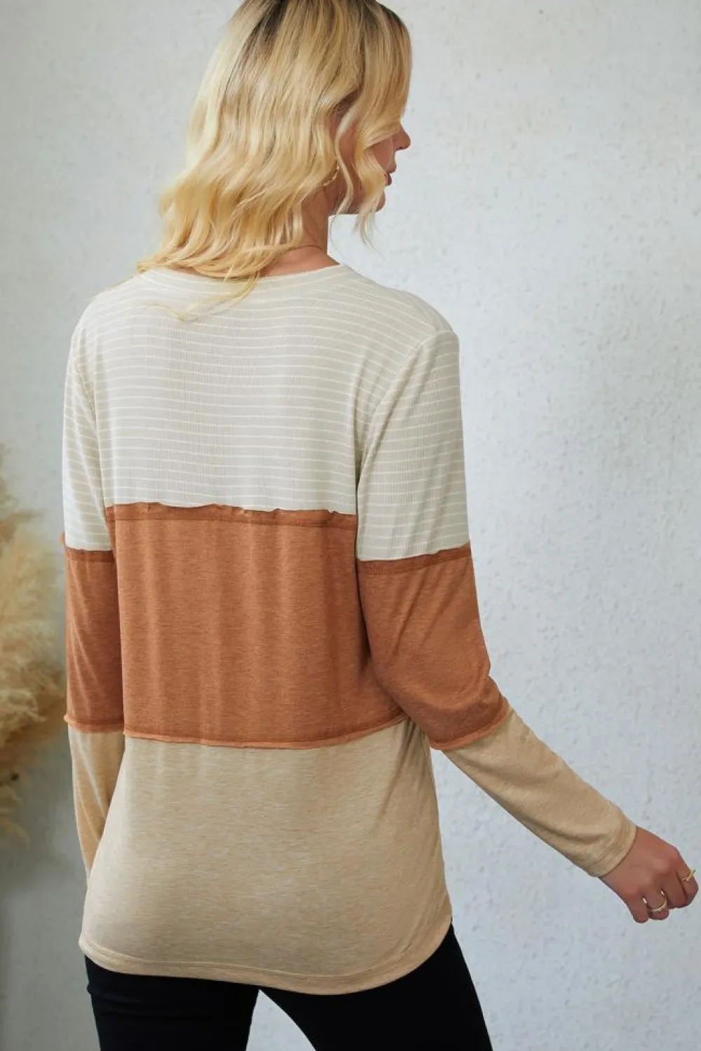 Clearance Dear-Lover Striped Color Block Henley Top Orange