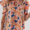 Online Dear-Lover Summer Flower Print Notched Neck Ruffle Sleeve Blouse Orange