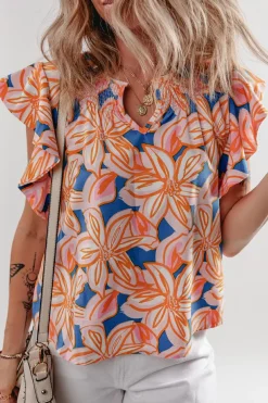 Online Dear-Lover Summer Flower Print Notched Neck Ruffle Sleeve Blouse Orange