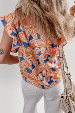 Online Dear-Lover Summer Flower Print Notched Neck Ruffle Sleeve Blouse Orange