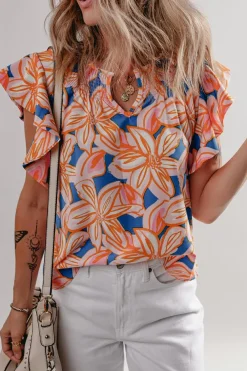 Online Dear-Lover Summer Flower Print Notched Neck Ruffle Sleeve Blouse Orange