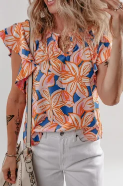 Online Dear-Lover Summer Flower Print Notched Neck Ruffle Sleeve Blouse Orange