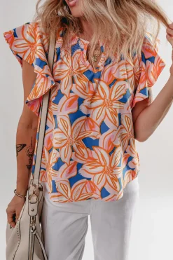 Online Dear-Lover Summer Flower Print Notched Neck Ruffle Sleeve Blouse Orange