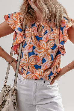 Online Dear-Lover Summer Flower Print Notched Neck Ruffle Sleeve Blouse Orange
