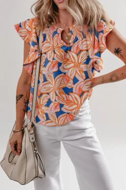 Online Dear-Lover Summer Flower Print Notched Neck Ruffle Sleeve Blouse Orange