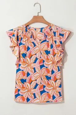 Online Dear-Lover Summer Flower Print Notched Neck Ruffle Sleeve Blouse Orange
