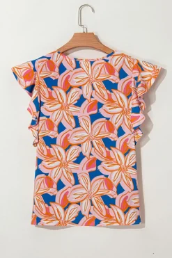 Online Dear-Lover Summer Flower Print Notched Neck Ruffle Sleeve Blouse Orange