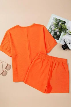 Best Dear-Lover Textured V Neck T Shirt and Shorts Set Orange