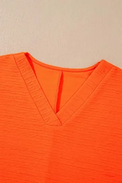 Best Dear-Lover Textured V Neck T Shirt and Shorts Set Orange